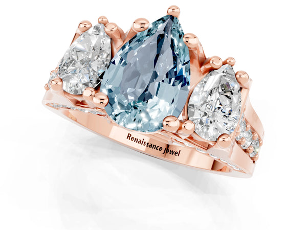 Rose gold Pear Cut Aquamarine Three-Stone Ring with Channel Set Band and Four-Prong Setting