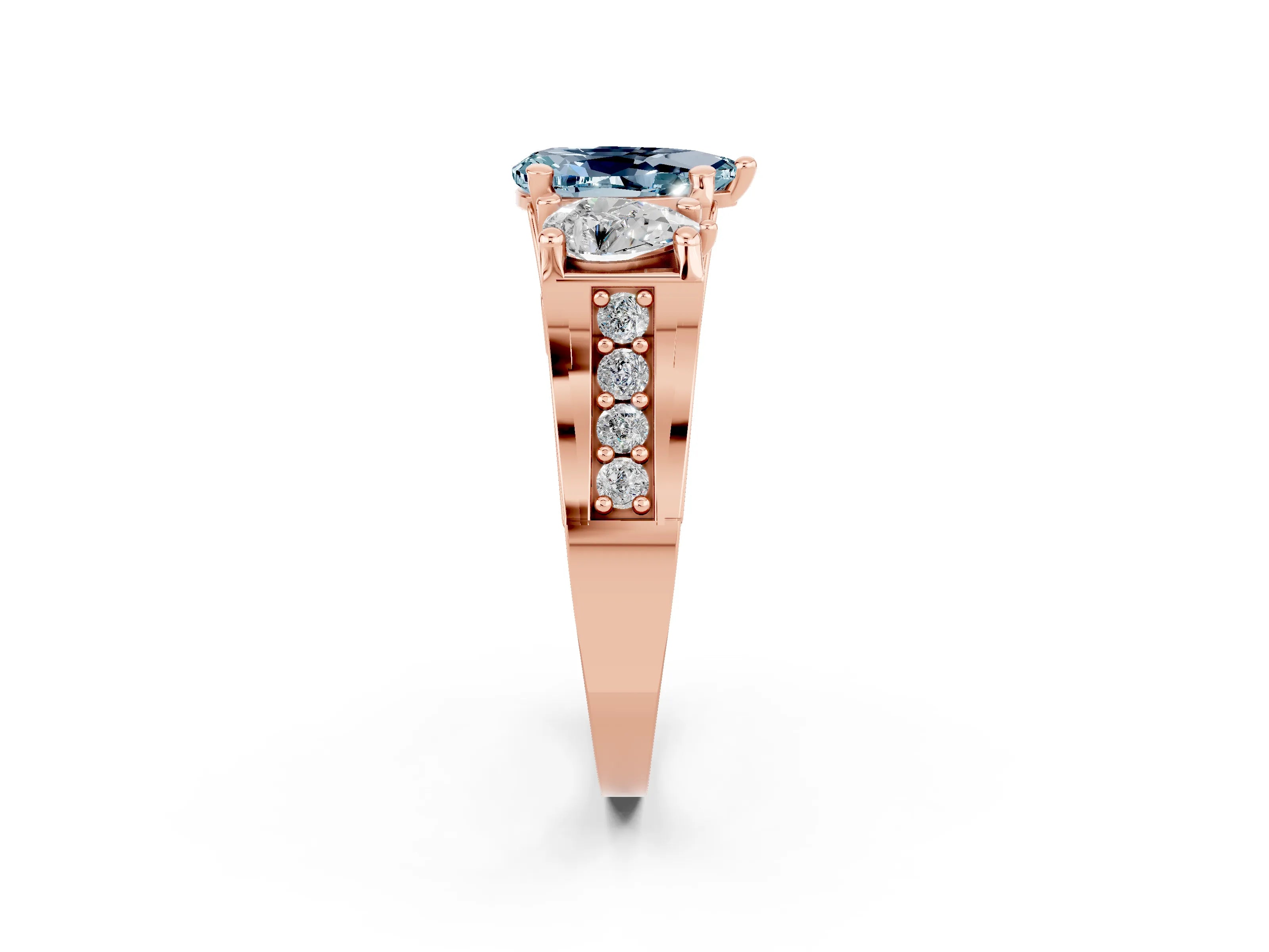 Rose gold Pear Cut Aquamarine Three-Stone Ring with Channel Set Band and Four-Prong Setting_2