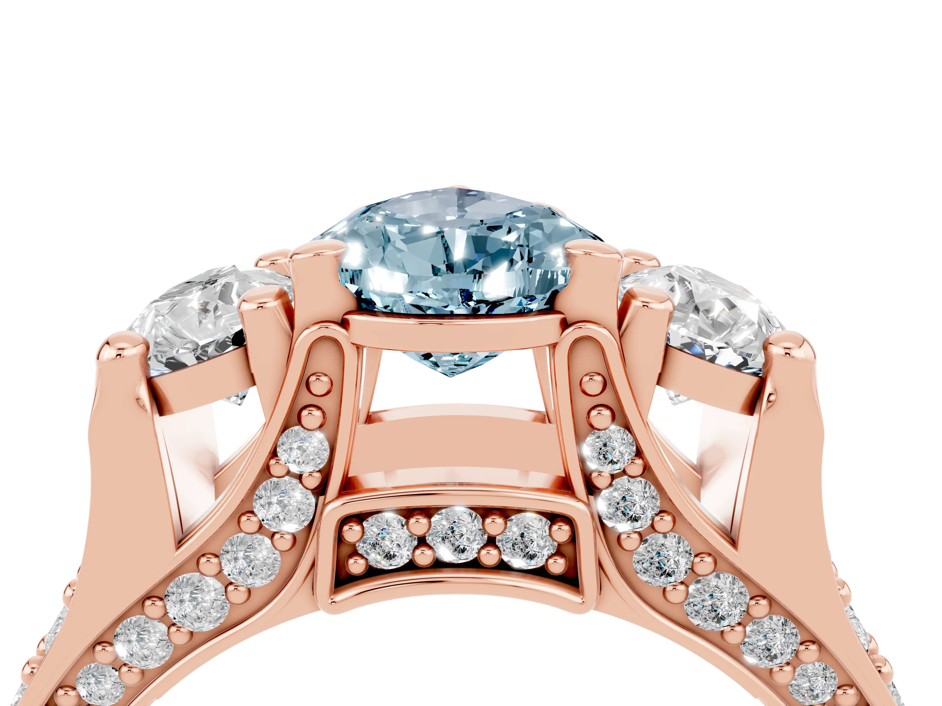 Rose gold Pear Cut Aquamarine Three-Stone Ring with Channel Set Band and Four-Prong Setting_4