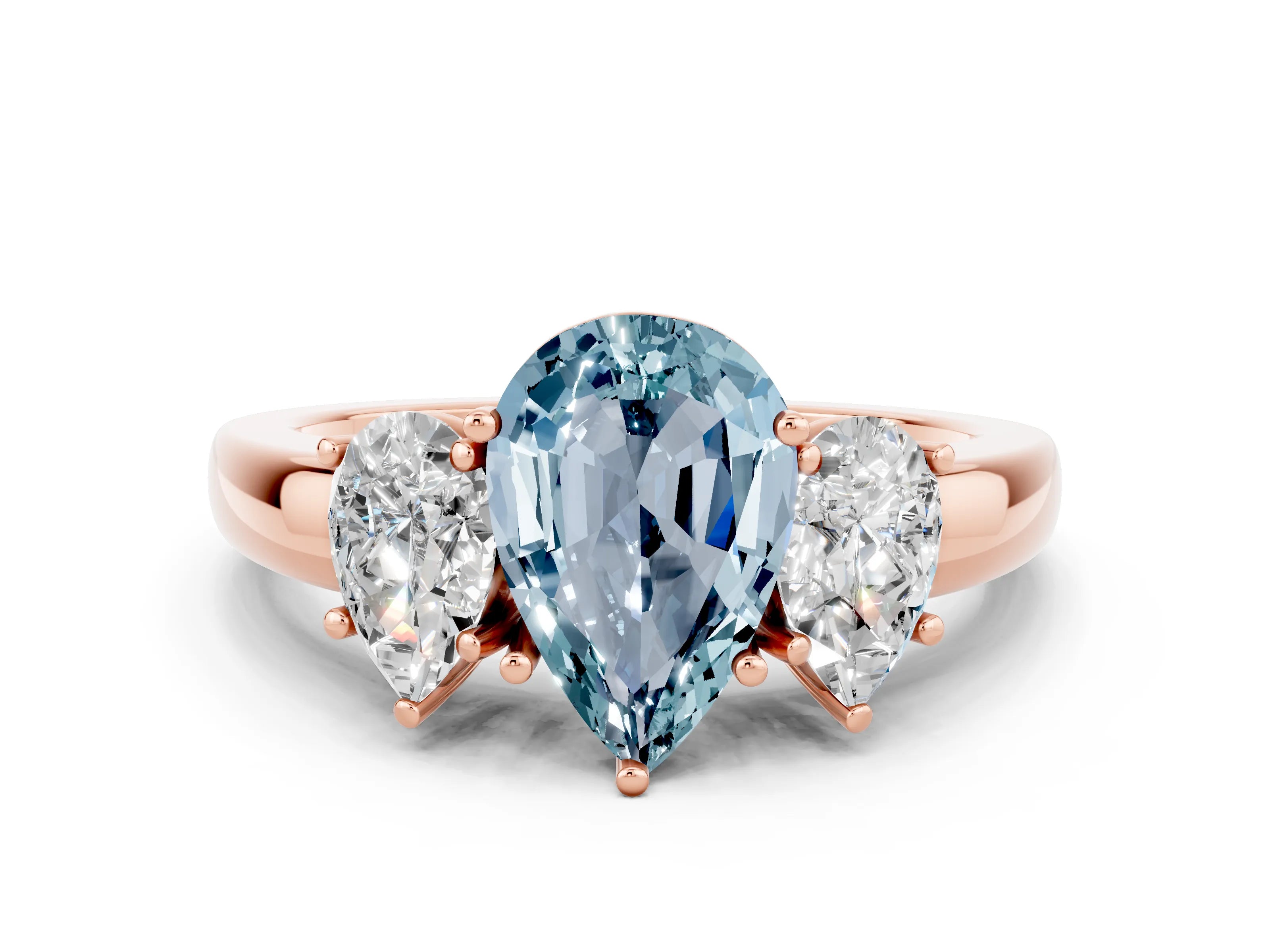 Rose gold Pear Cut Aquamarine Three-Stone Ring with Four-Prong Setting and Classic Band