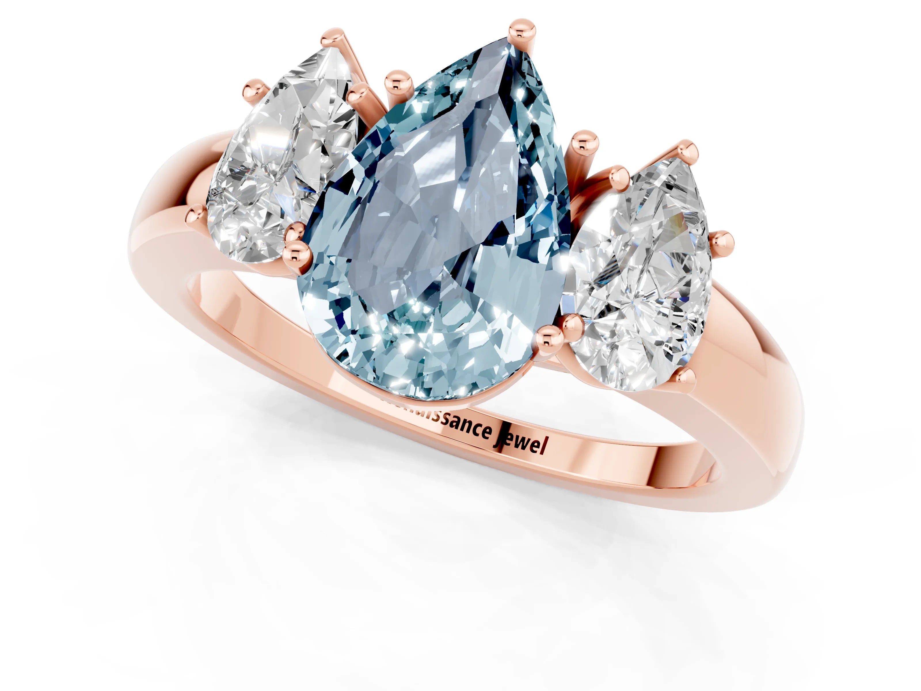 Rose gold Pear Cut Aquamarine Three-Stone Ring with Four-Prong Setting and Classic Band_1
