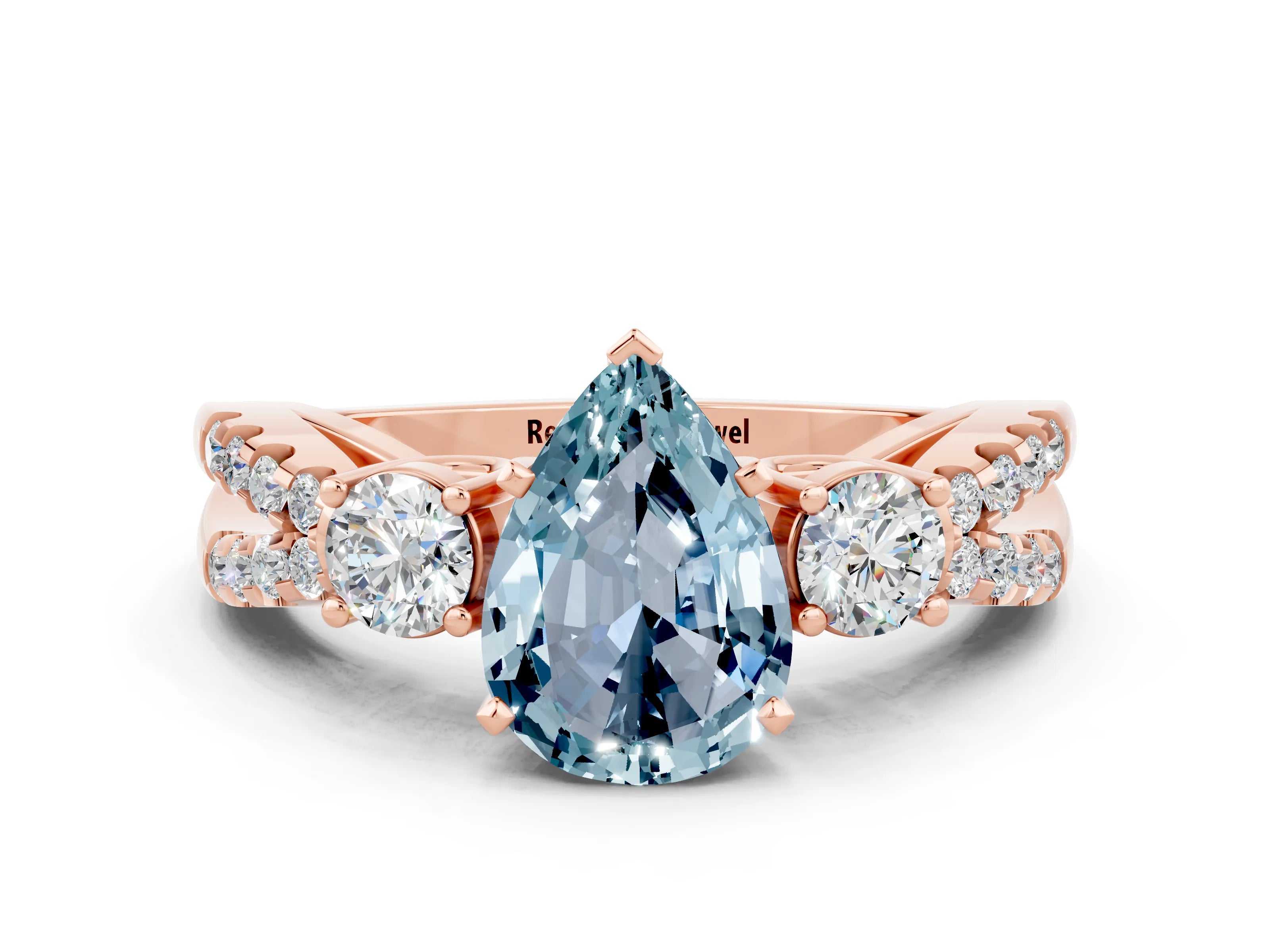 Rose gold Pear Cut Aquamarine Three-Stone Ring with Pavé Split Shank and Four-Prong Setting_12