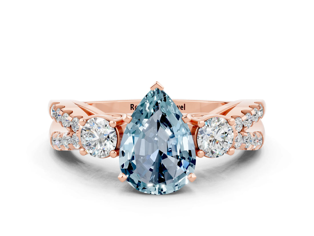 Rose gold Pear Cut Aquamarine Three-Stone Ring with Pavé Split Shank and Four-Prong Setting_12