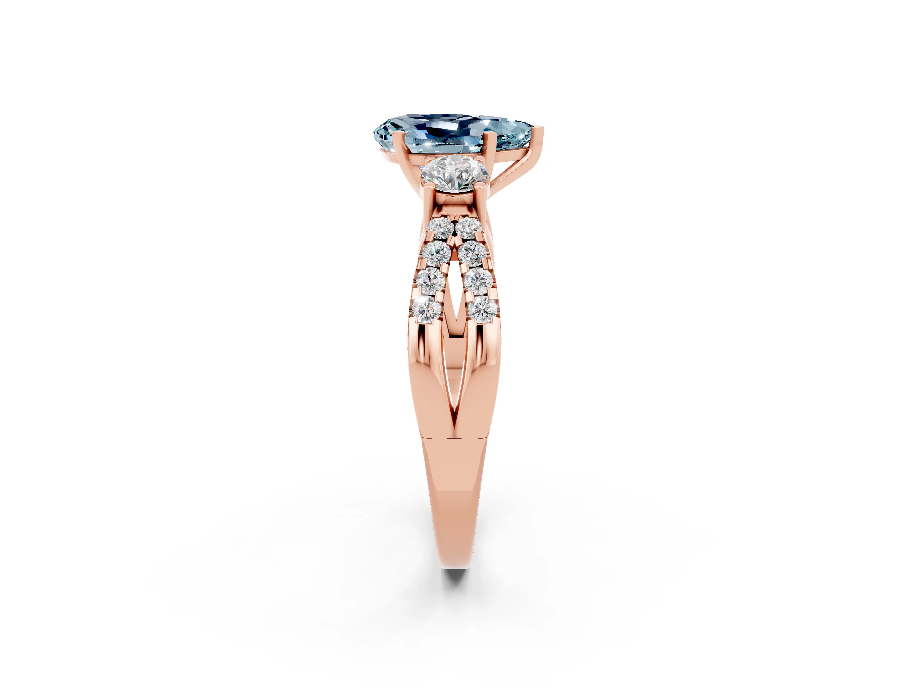 Rose gold Pear Cut Aquamarine Three-Stone Ring with Pavé Split Shank and Four-Prong Setting_14