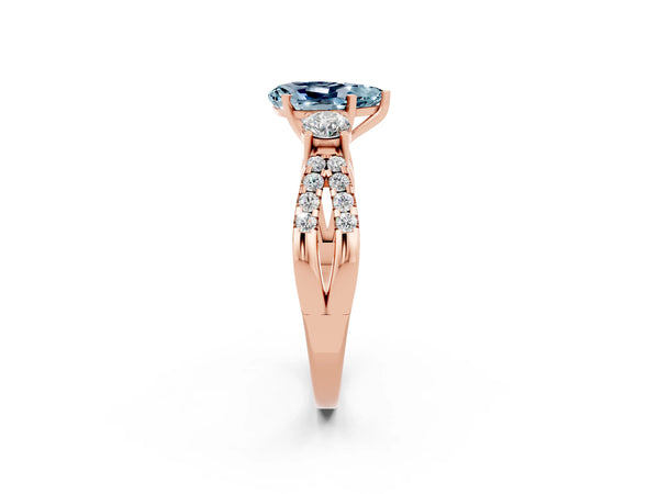 Rose gold Pear Cut Aquamarine Three-Stone Ring with Pavé Split Shank and Four-Prong Setting