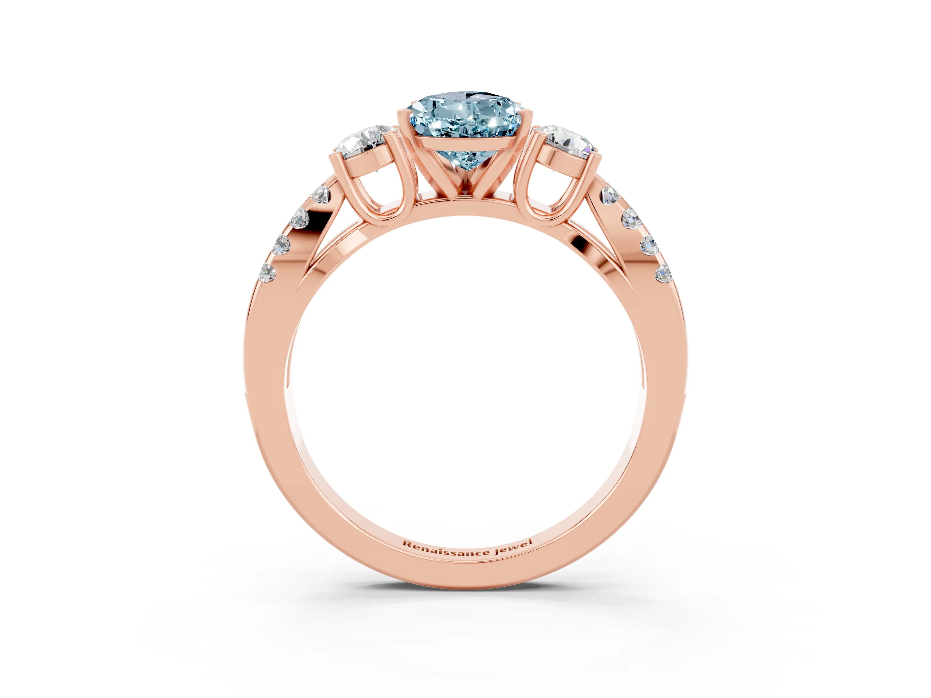 Rose gold Pear Cut Aquamarine Three-Stone Ring with Pavé Split Shank and Four-Prong Setting_15