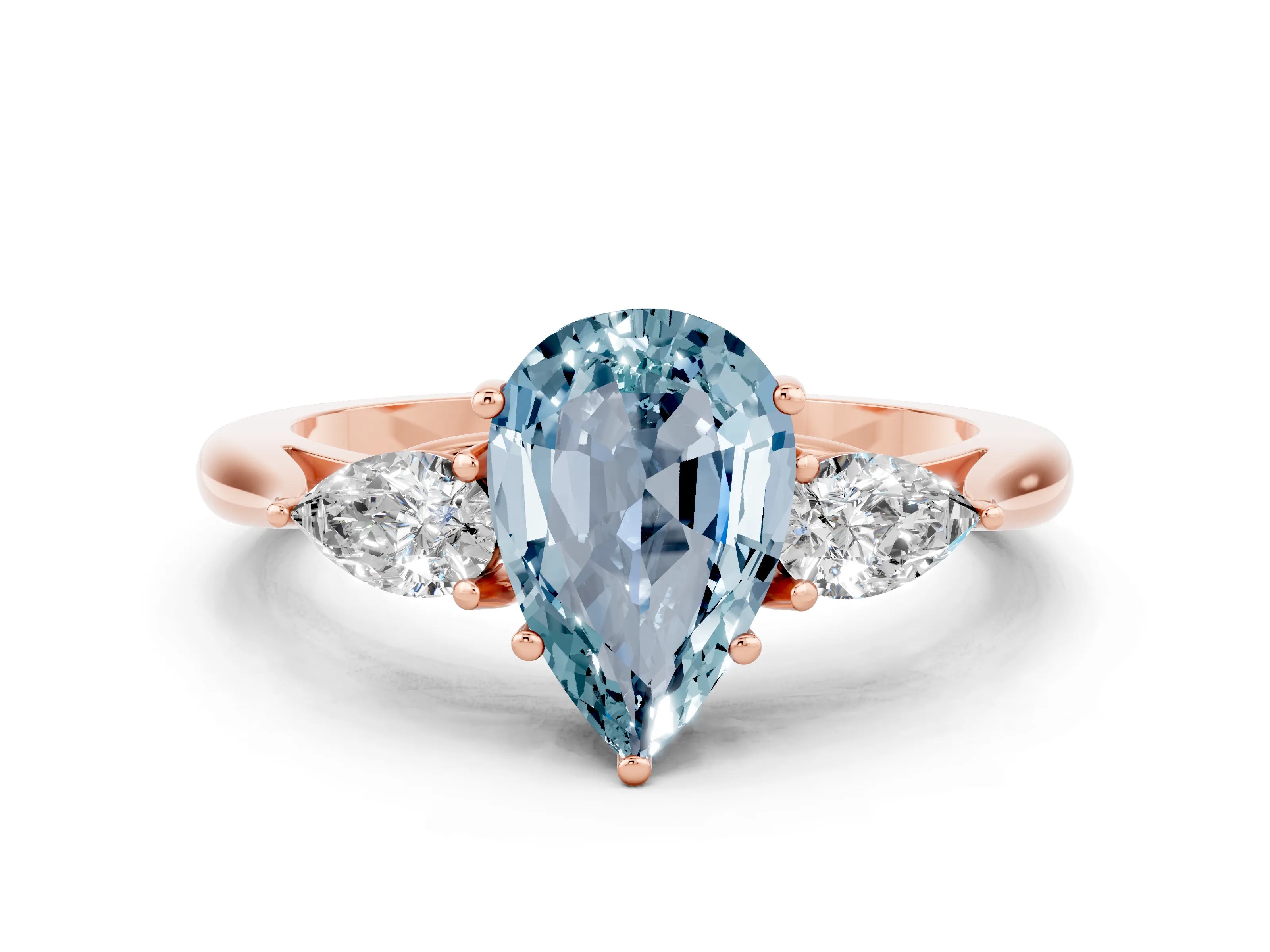 Rose gold Pear Cut Aquamarine Three-Stone Ring with Pear Side Stones and Four-Prong Setting_12