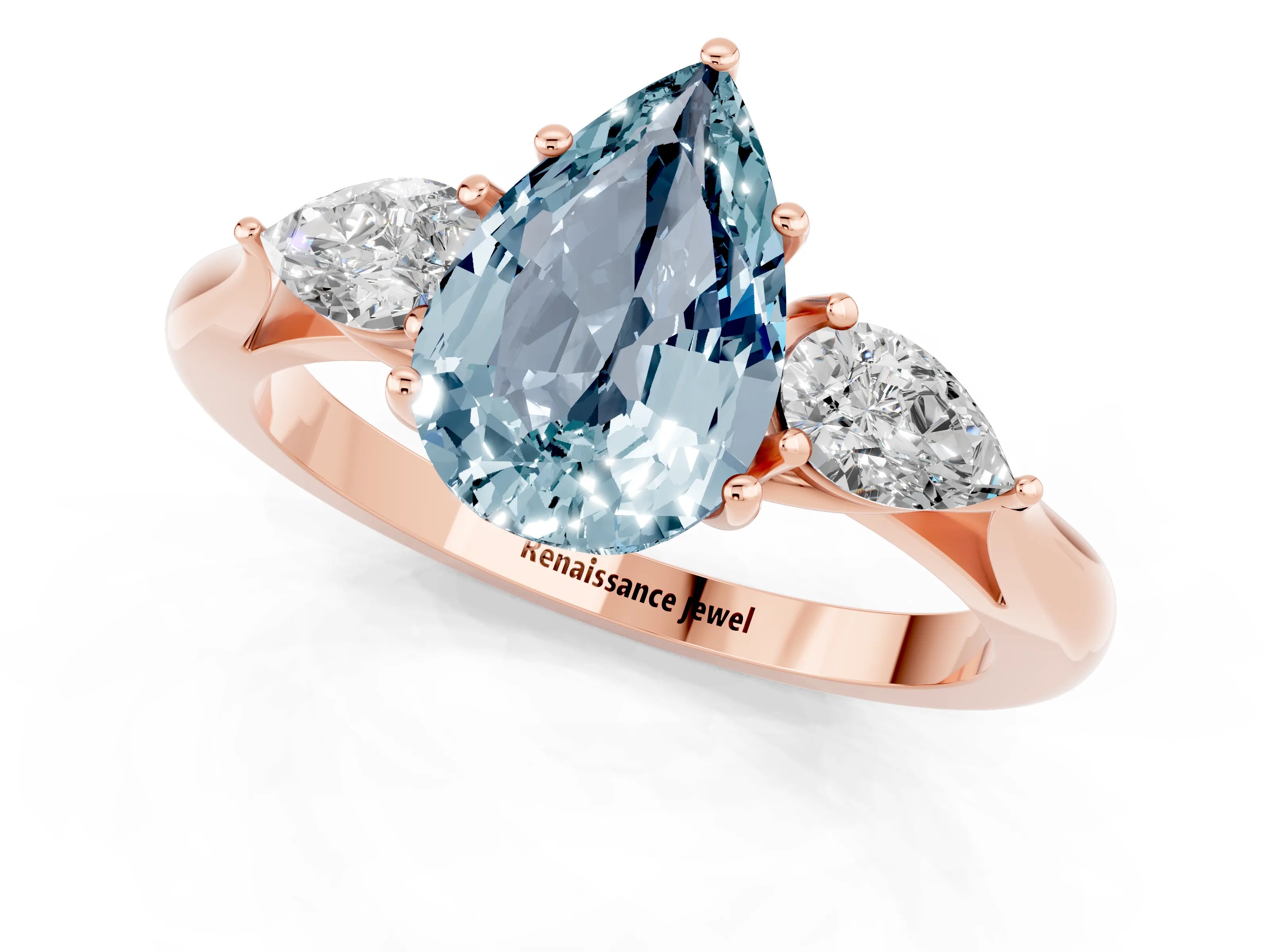 Rose gold Pear Cut Aquamarine Three-Stone Ring with Pear Side Stones and Four-Prong Setting_13