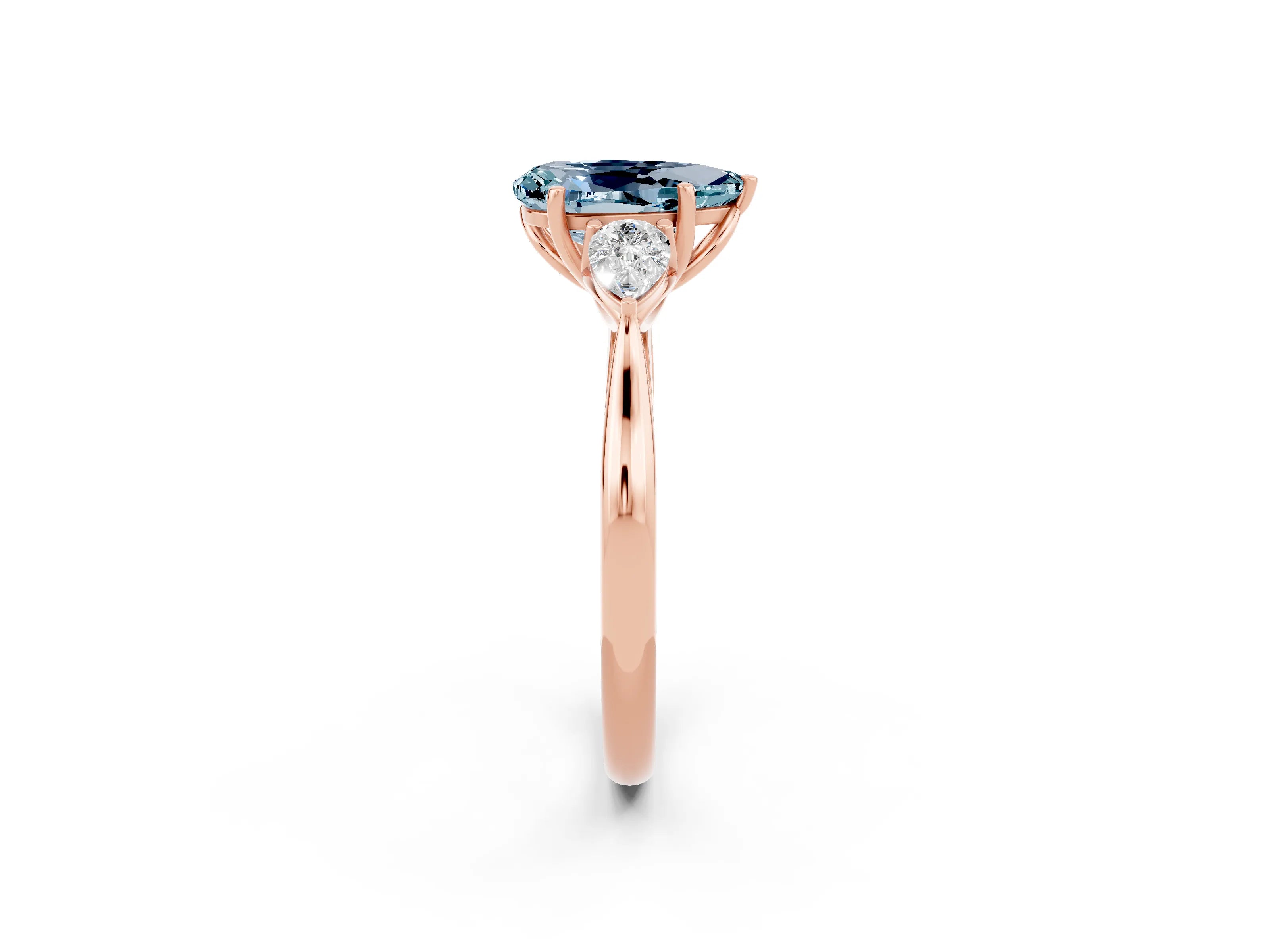 Rose gold Pear Cut Aquamarine Three-Stone Ring with Pear Side Stones and Four-Prong Setting_14