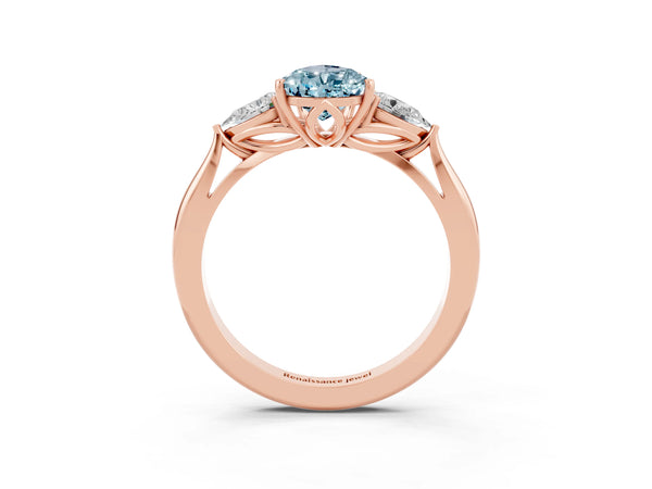 Rose gold Pear Cut Aquamarine Three-Stone Ring with Pear  Side Stones and Prong Setting