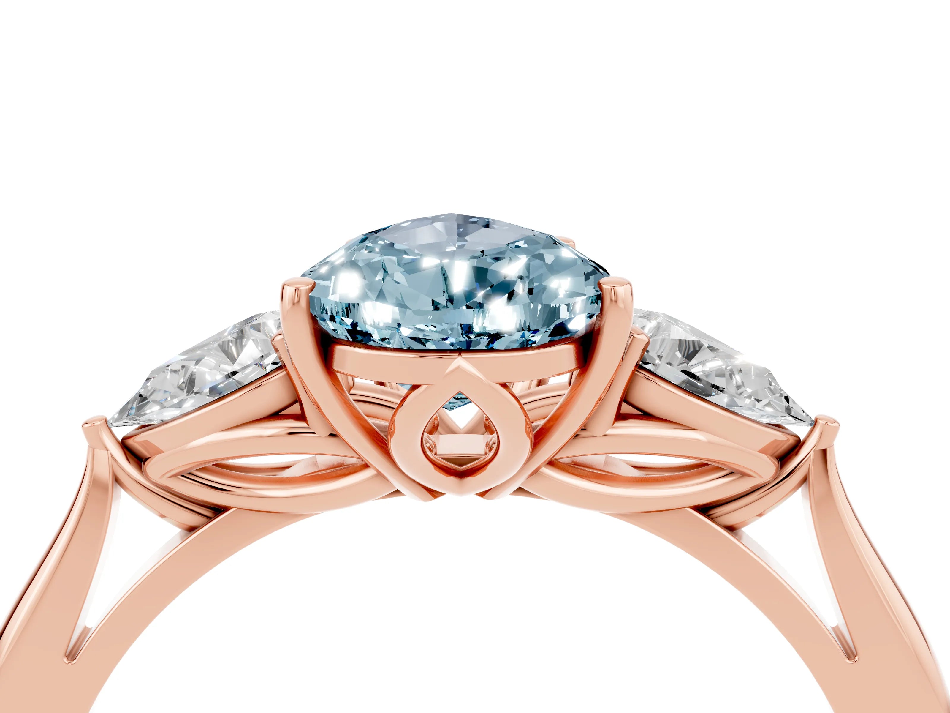 Rose gold Pear Cut Aquamarine Three-Stone Ring with Pear Side Stones and Four-Prong Setting_16
