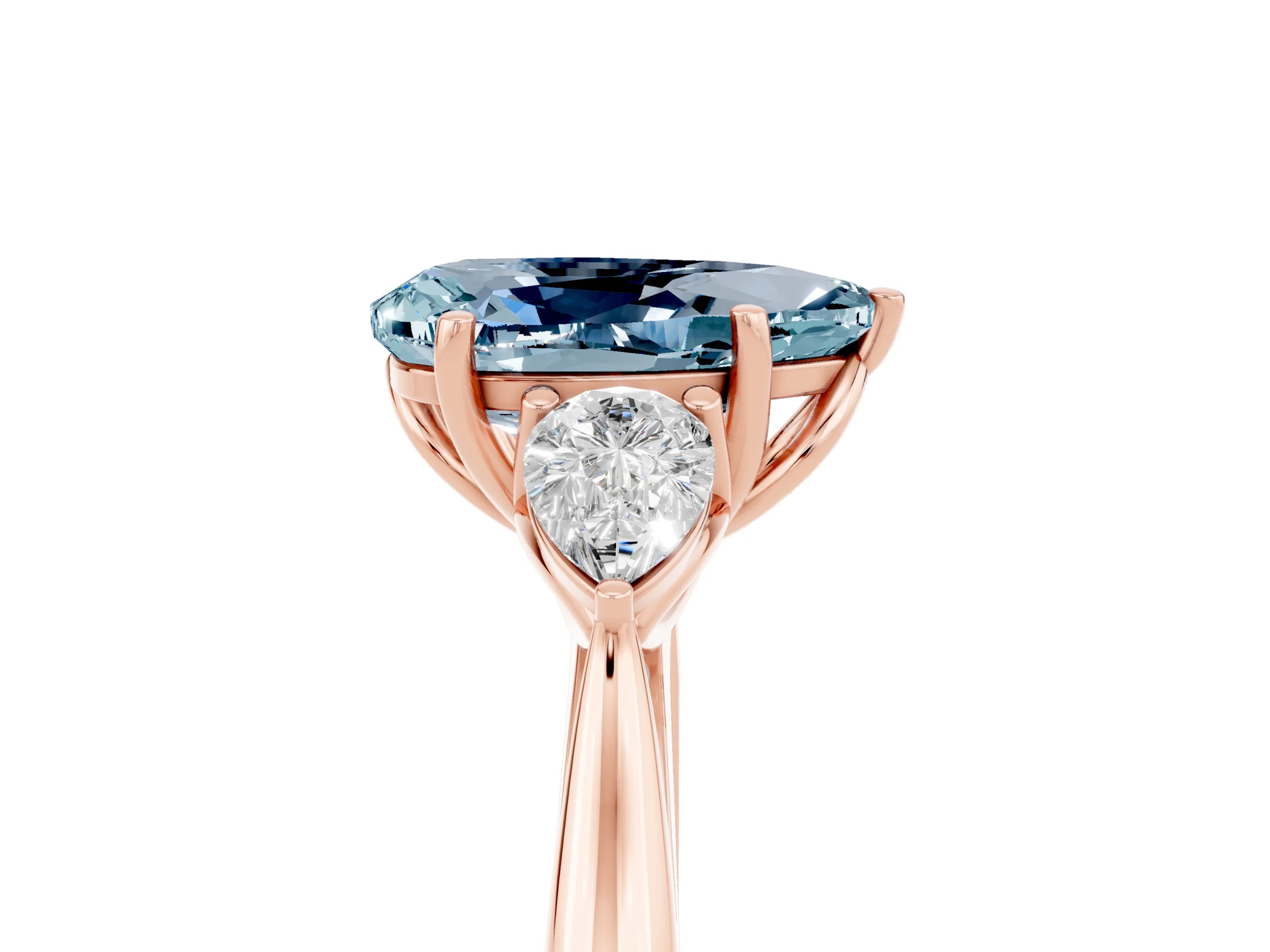 Rose gold Pear Cut Aquamarine Three-Stone Ring with Pear Side Stones and Four-Prong Setting_17