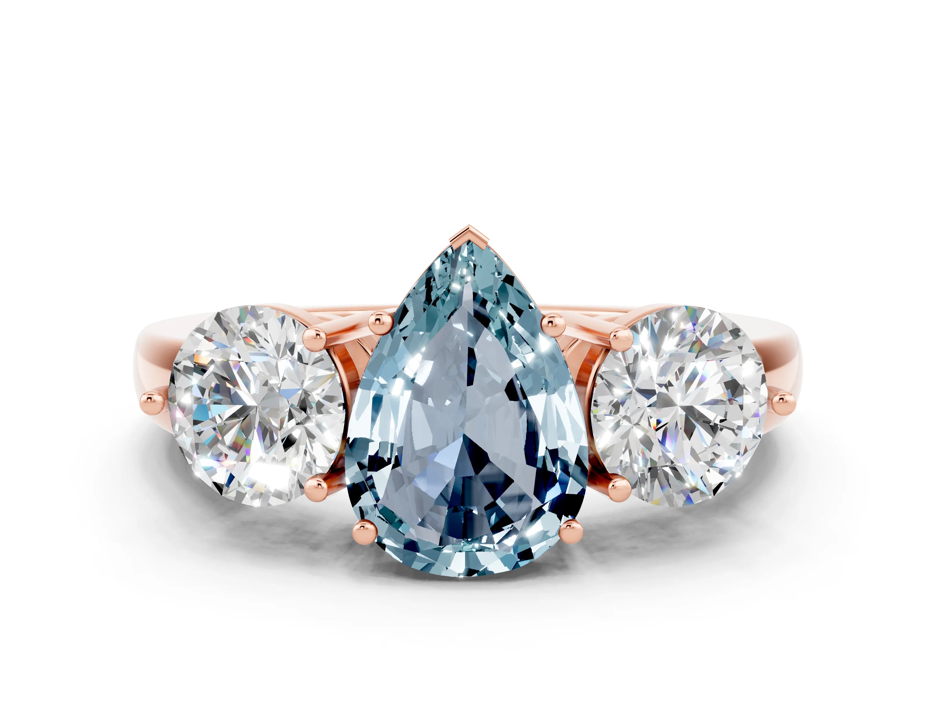 Rose gold Pear Cut Aquamarine Three-Stone Ring with Prong Setting and Classic Band