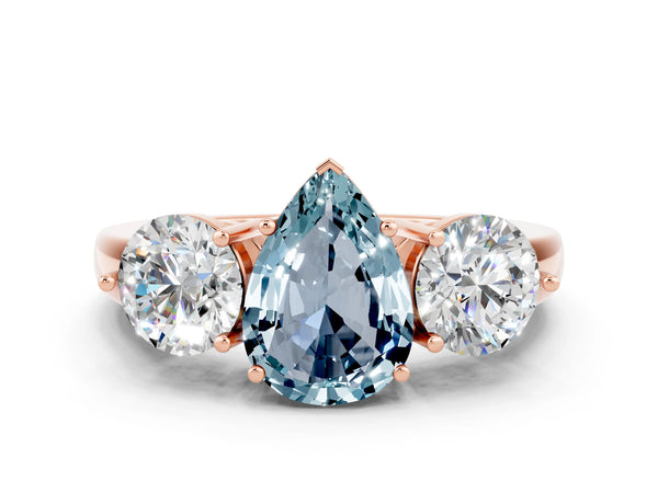 Rose gold Pear Cut Aquamarine Three-Stone Ring with Prong Setting and Classic Band