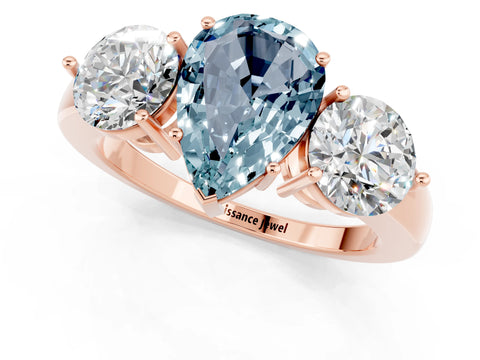 Rose gold Pear Cut Aquamarine Three-Stone Ring with Prong Setting and Classic Band_1
