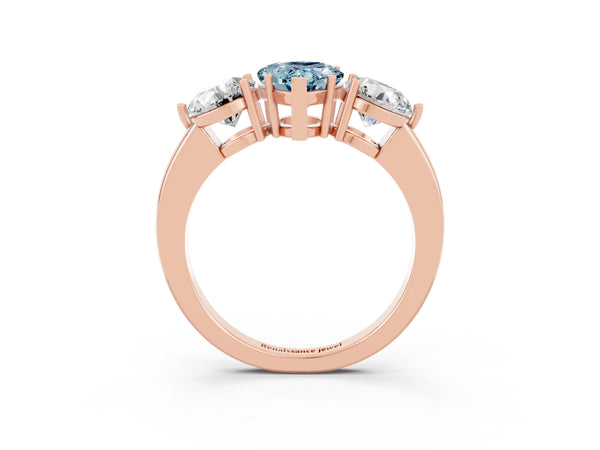 Rose gold Pear Cut Aquamarine Three-Stone Ring with Prong Setting and Classic Band