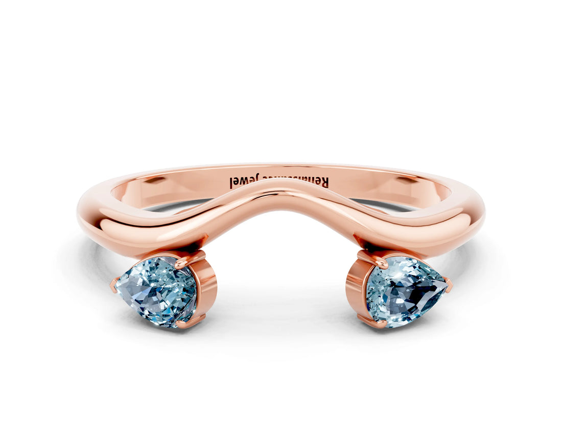 Rose gold Pear Cut Aquamarine Two-Stone Open Band Ring with Prong Setting_6
