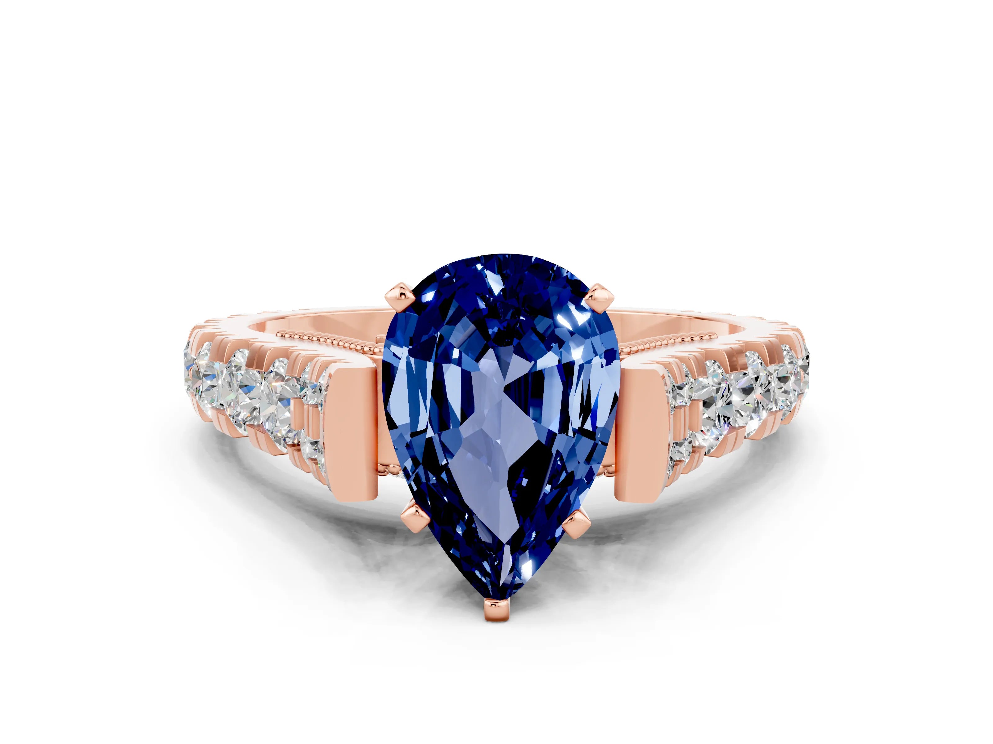 Rose gold Pear Cut Blue Sapphire Classic Solitaire Ring with Pavé Band and Four-Prong Setting
