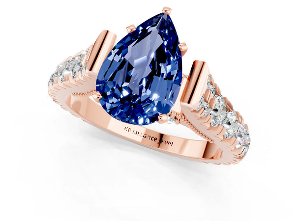Rose gold Pear Cut Blue Sapphire Classic Solitaire Ring with Pavé Band and Four-Prong Setting