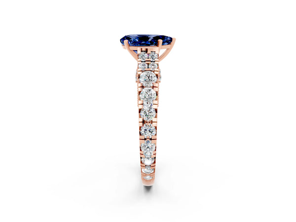 Rose gold Pear Cut Blue Sapphire Classic Solitaire Ring with Pavé Band and Four-Prong Setting