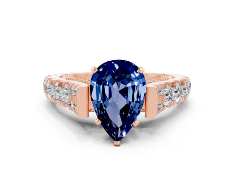Rose gold Pear Cut Blue Sapphire Classic Solitaire Ring with Pavé Band and Four-Prong Setting