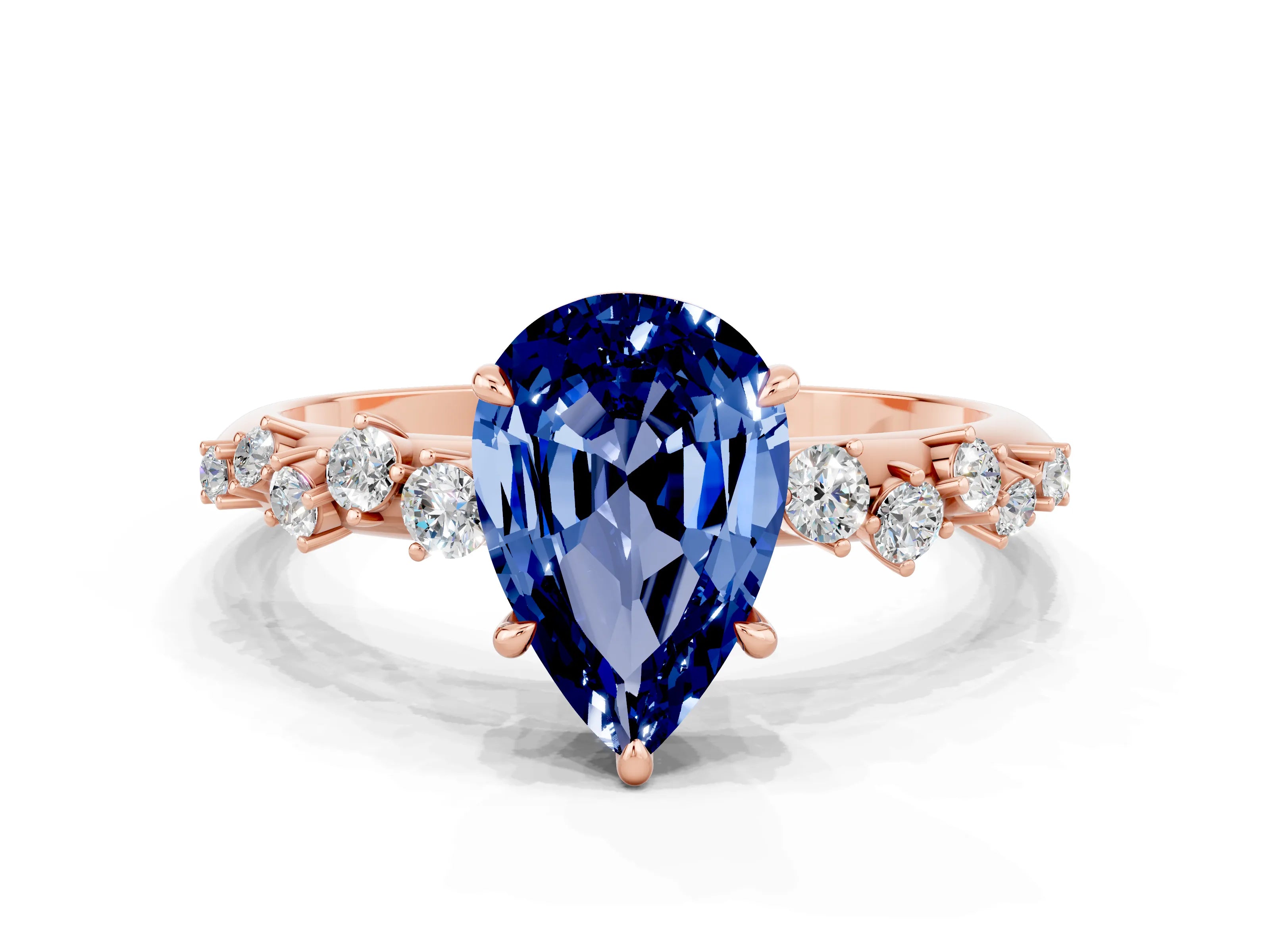 Rose gold Pear Cut Blue Sapphire Cluster Side Stone Solitaire Ring with Prong Setting_24