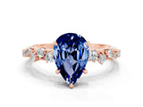 Rose gold Pear Cut Blue Sapphire Cluster Side Stone Solitaire Ring with Prong Setting_24