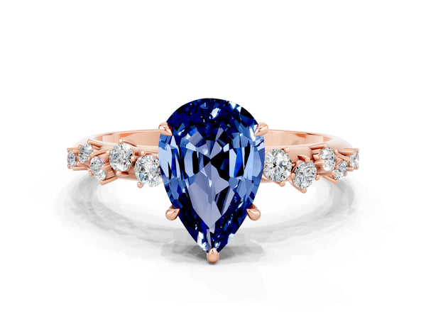 Rose gold Pear Cut Blue Sapphire Cluster Side Stone Solitaire Ring with Prong Setting