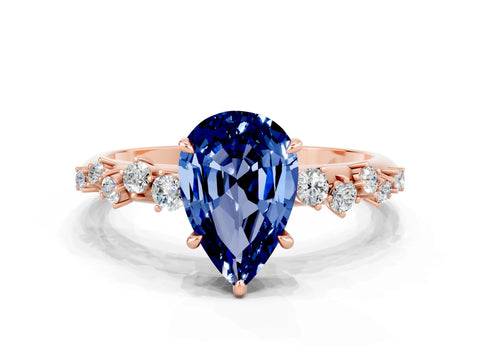 Rose gold Pear Cut Blue Sapphire Cluster Side Stone Solitaire Ring with Prong Setting_24