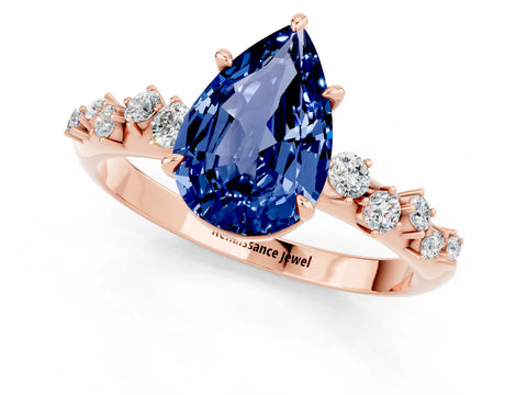 Rose gold Pear Cut Blue Sapphire Cluster Side Stone Solitaire Ring with Prong Setting_25