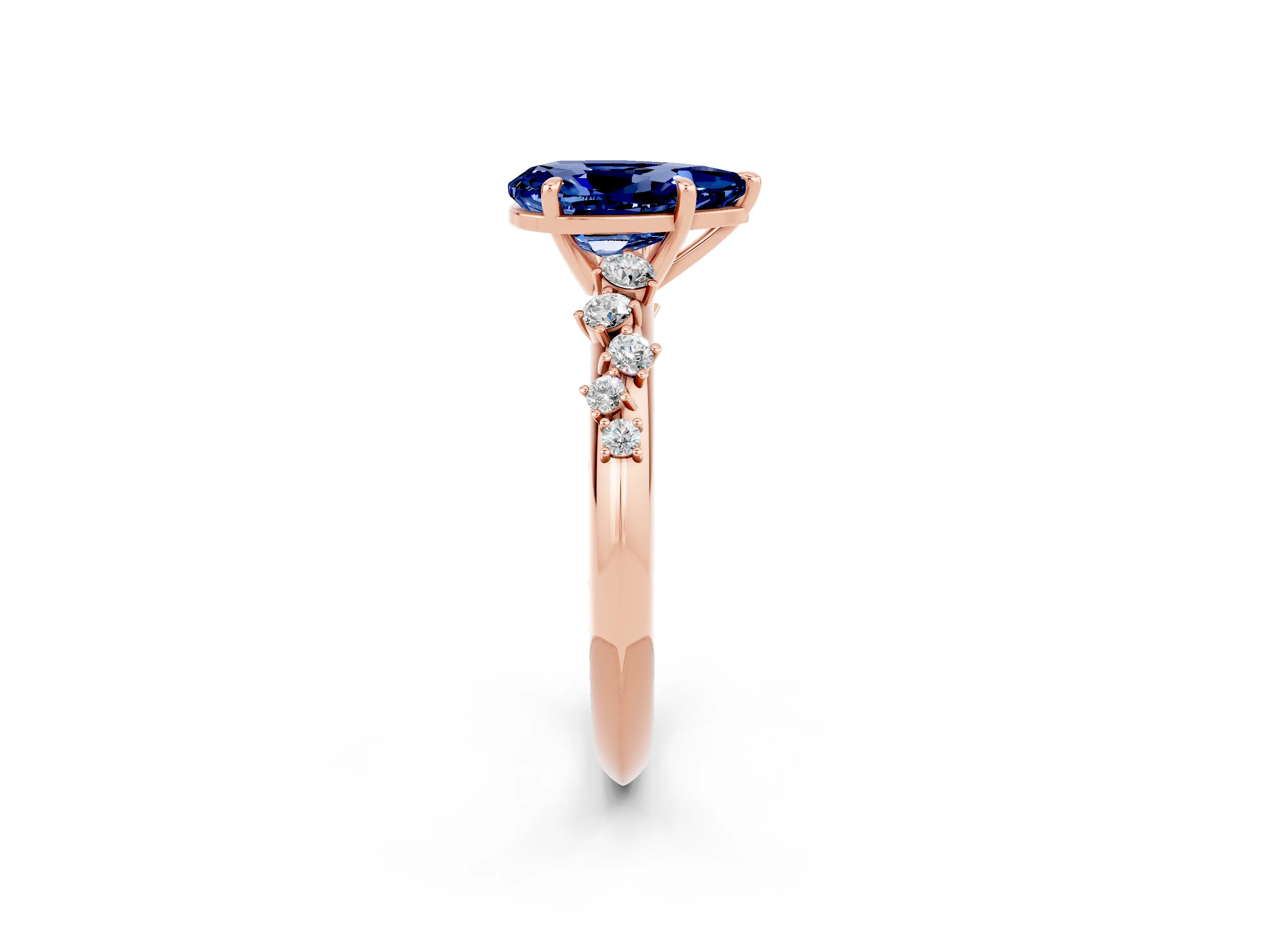 Rose gold Pear Cut Blue Sapphire Cluster Side Stone Solitaire Ring with Prong Setting_26