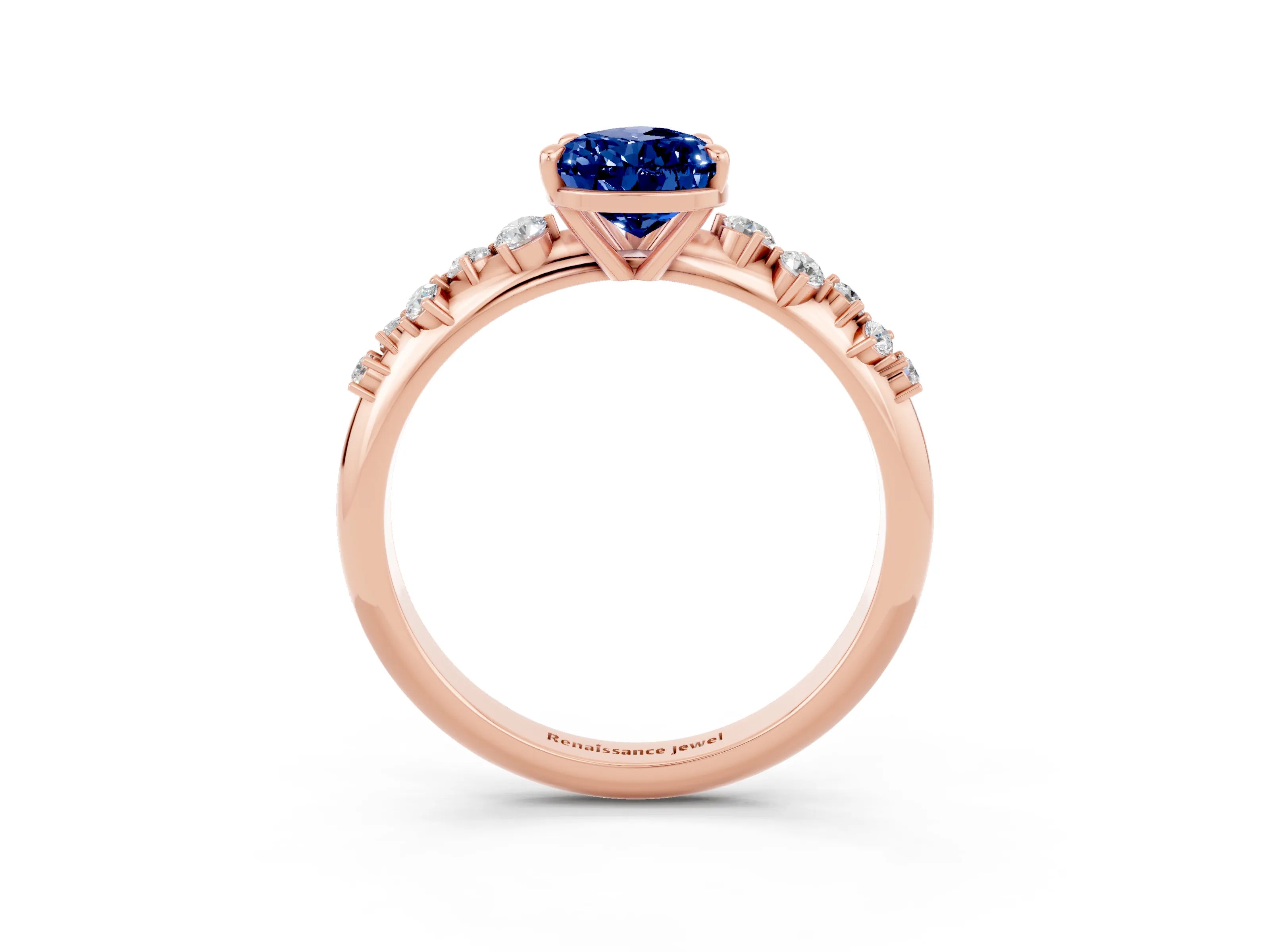 Rose gold Pear Cut Blue Sapphire Cluster Side Stone Solitaire Ring with Prong Setting_27