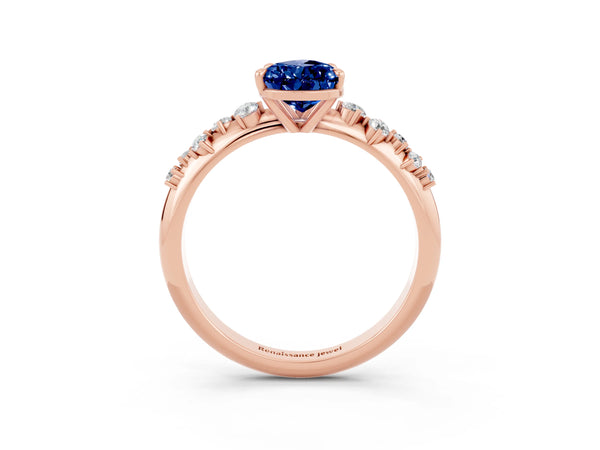 Rose gold Pear Cut Blue Sapphire Cluster Side Stone Solitaire Ring with Prong Setting