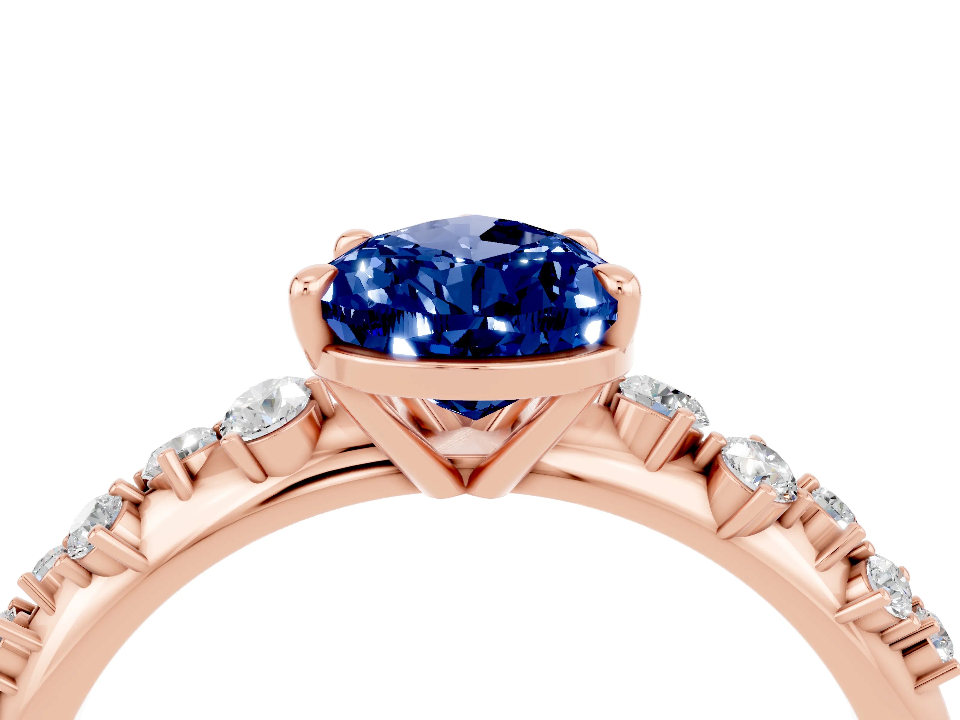 Rose gold Pear Cut Blue Sapphire Cluster Side Stone Solitaire Ring with Prong Setting_28