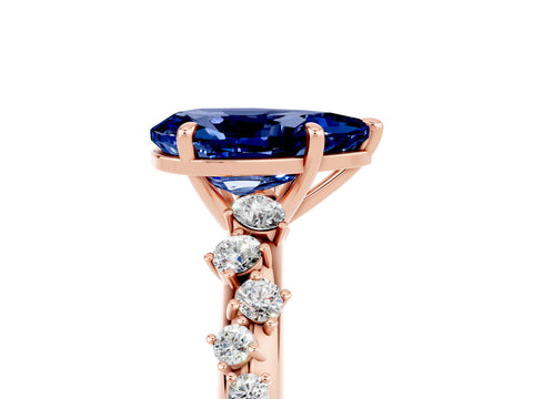 Rose gold Pear Cut Blue Sapphire Cluster Side Stone Solitaire Ring with Prong Setting_29
