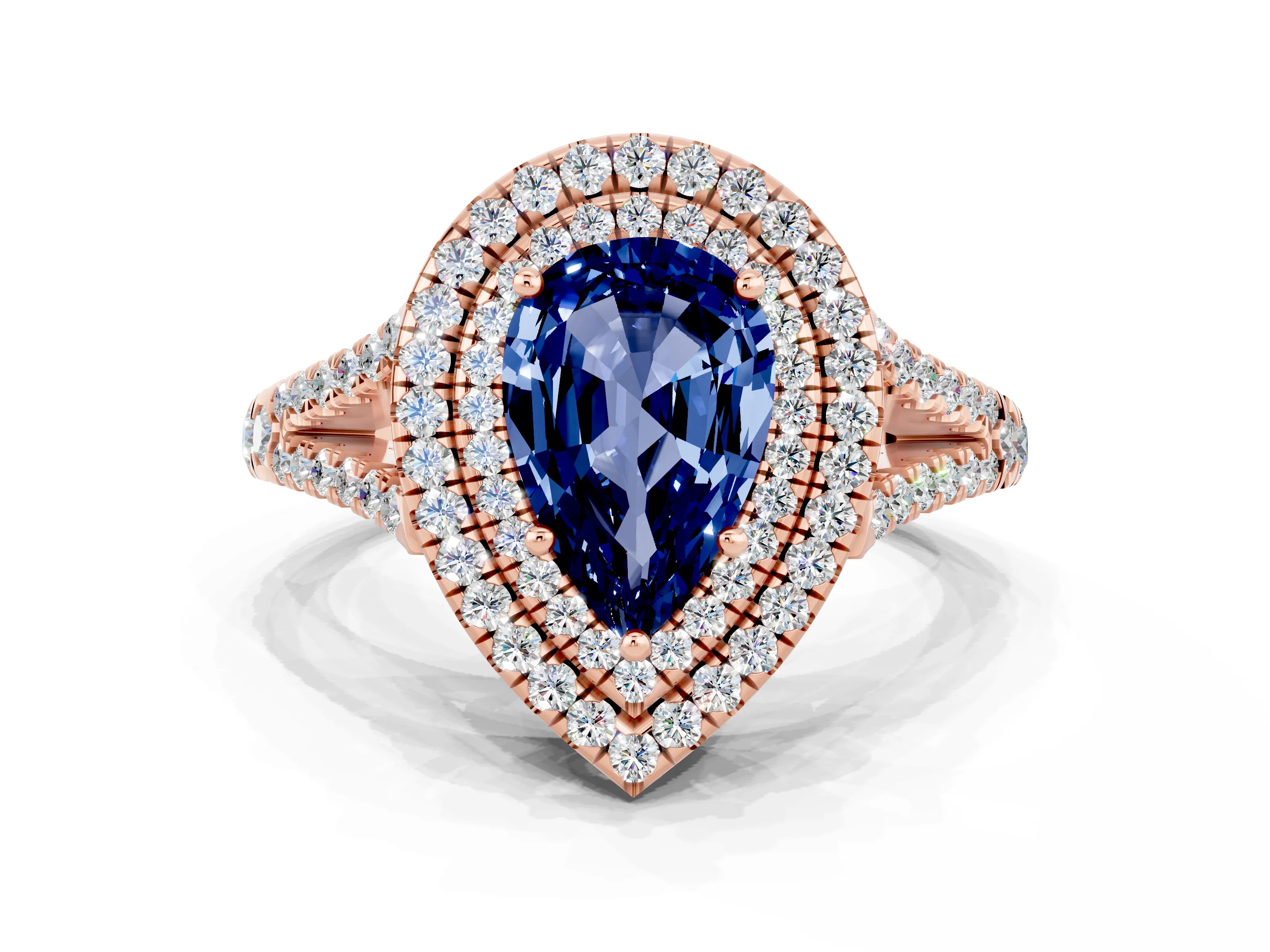 Rose gold Pear Cut Blue Sapphire Double Halo Ring with Pavé Band and Prong Setting_12