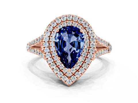 Rose gold Pear Cut Blue Sapphire Double Halo Ring with Pavé Band and Prong Setting_12