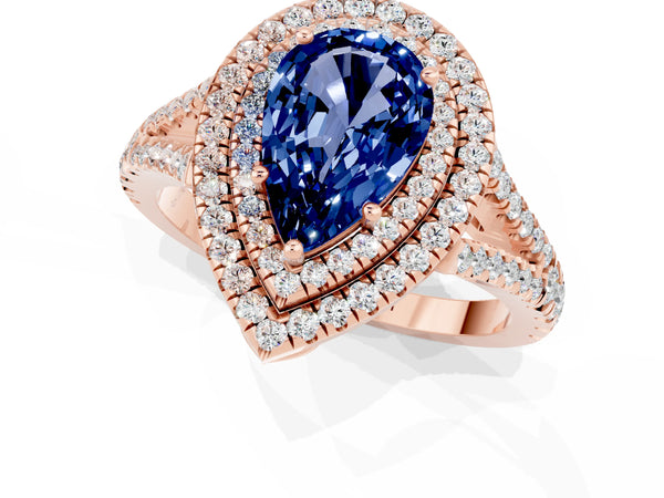 Rose gold Pear Cut Blue Sapphire Double Halo Ring with Pavé Band and Prong Setting