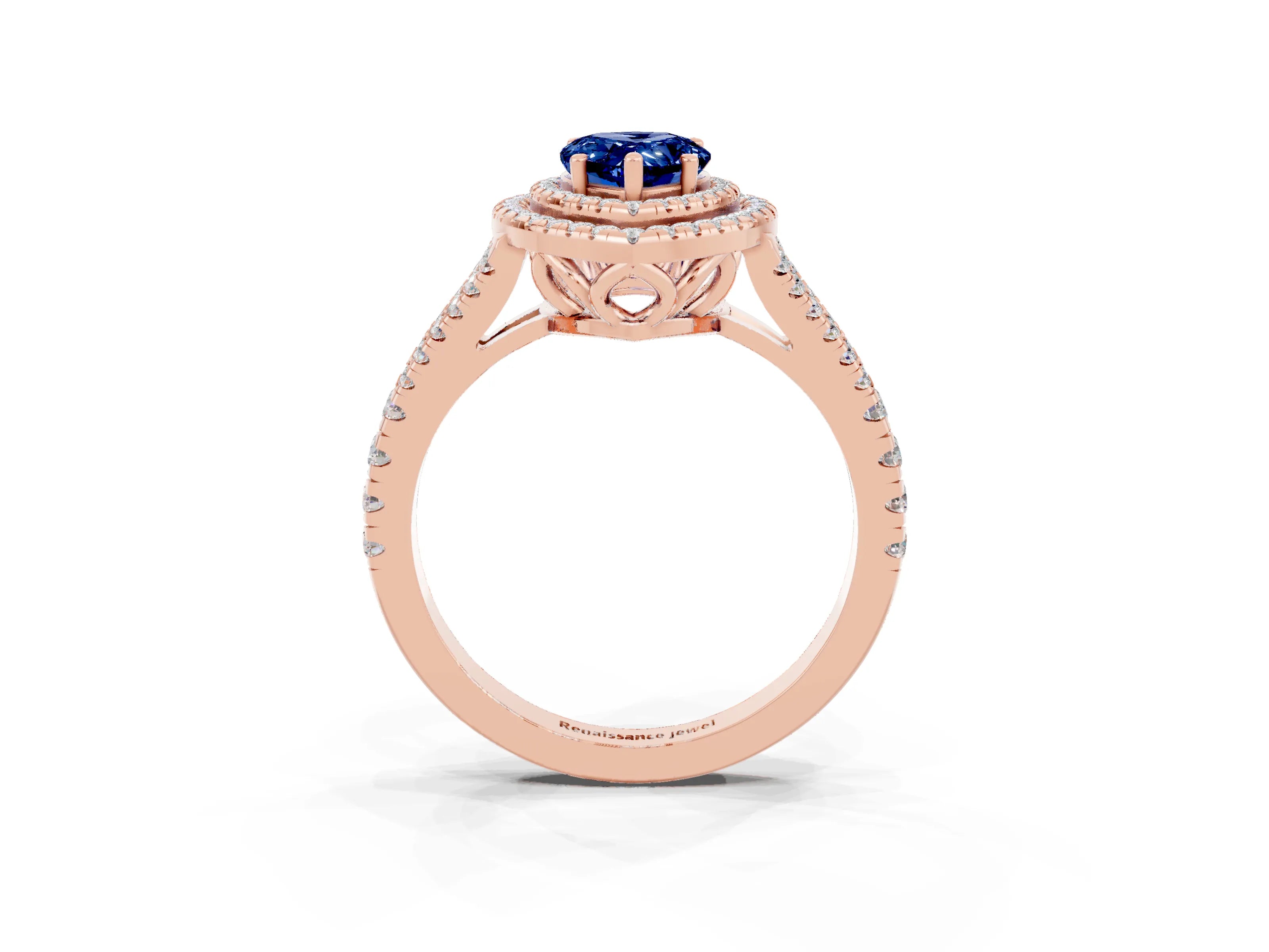 Rose gold Pear Cut Blue Sapphire Double Halo Ring with Pavé Band and Prong Setting_15
