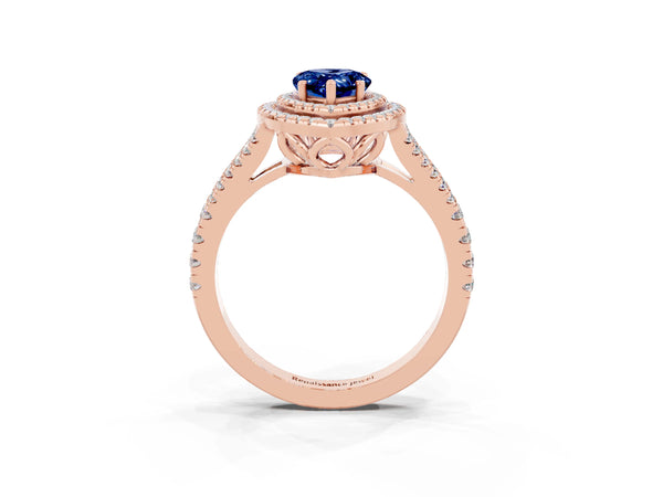 Rose gold Pear Cut Blue Sapphire Double Halo Ring with Pavé Band and Prong Setting
