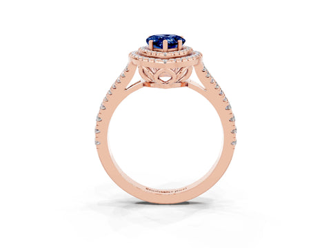 Rose gold Pear Cut Blue Sapphire Double Halo Ring with Pavé Band and Prong Setting_15
