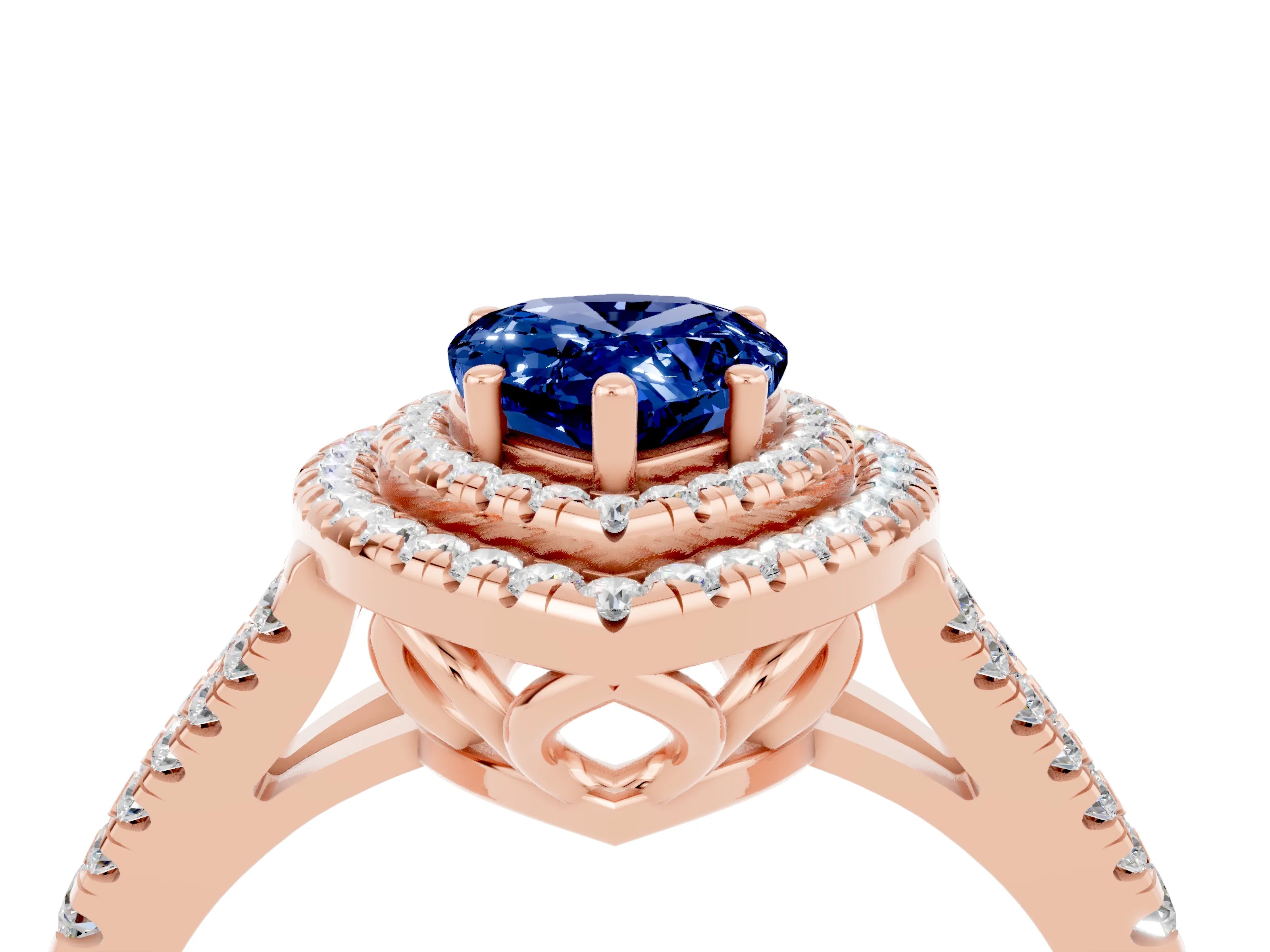 Rose gold Pear Cut Blue Sapphire Double Halo Ring with Pavé Band and Prong Setting_16