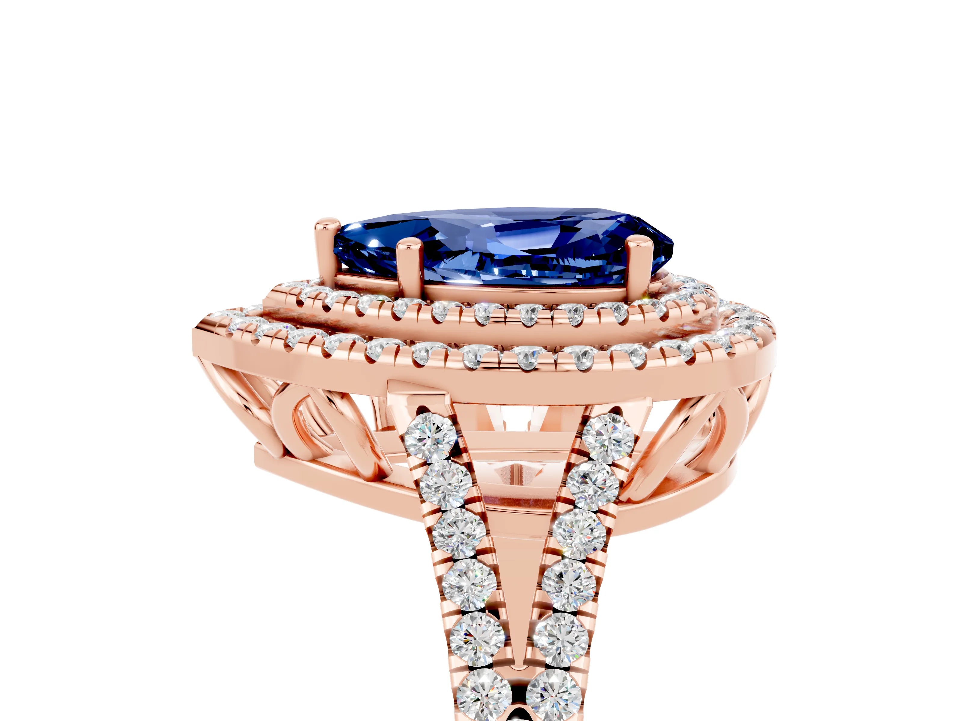 Rose gold Pear Cut Blue Sapphire Double Halo Ring with Pavé Band and Prong Setting_17