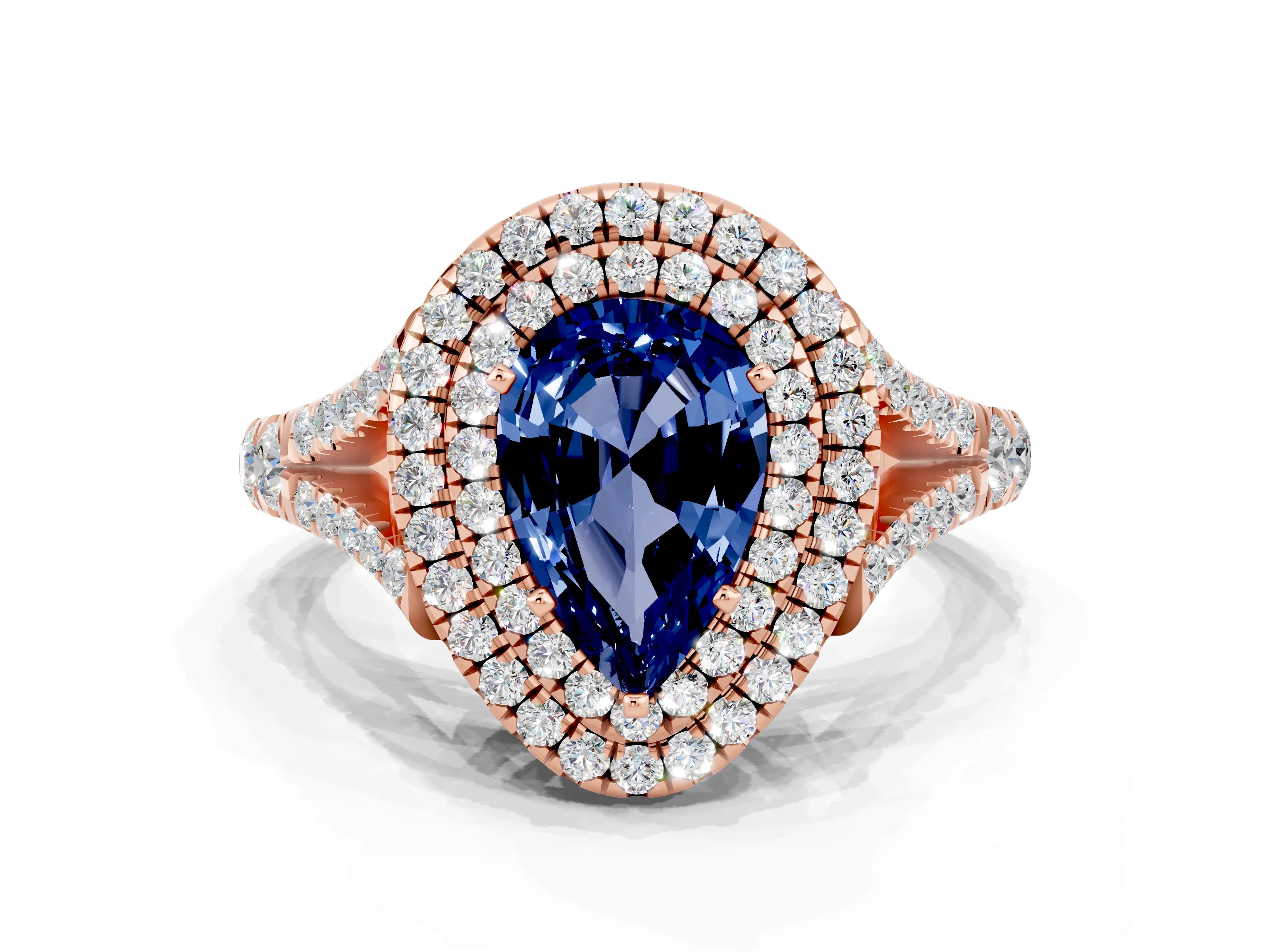 Rose gold Pear Cut Blue Sapphire Double Halo Ring with Split Shank and Prong Setting_12