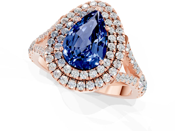 Rose gold Pear Cut Blue Sapphire Double Halo Ring with Split Shank and Prong Setting