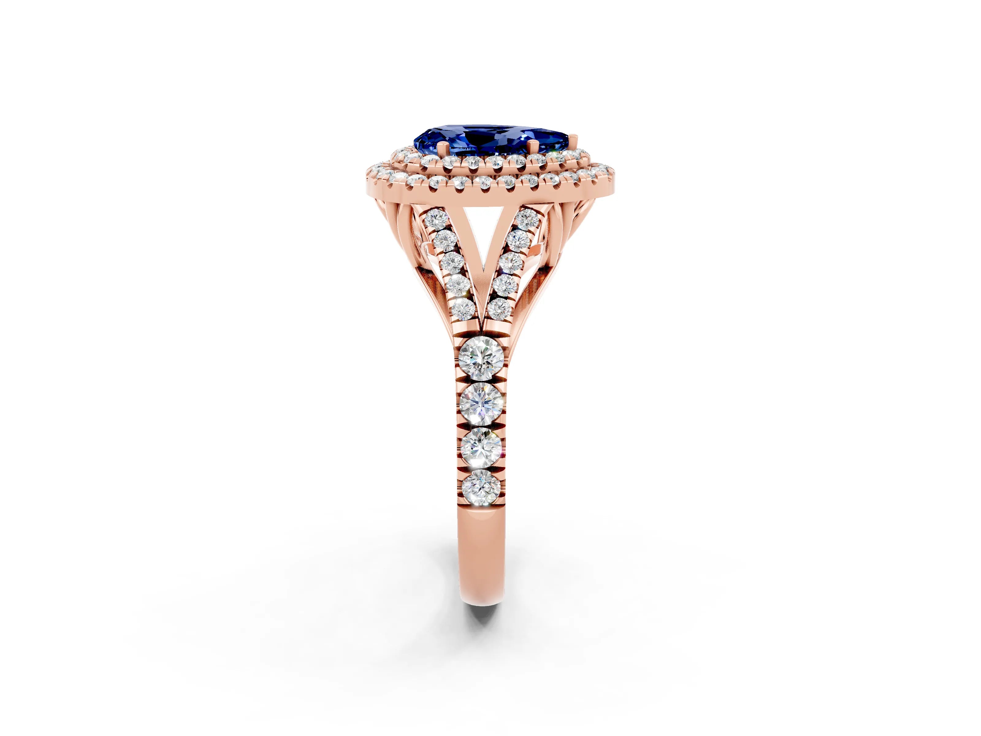 Rose gold Pear Cut Blue Sapphire Double Halo Ring with Split Shank and Prong Setting_14