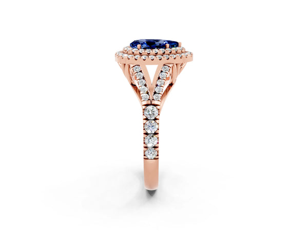 Rose gold Pear Cut Blue Sapphire Double Halo Ring with Split Shank and Prong Setting