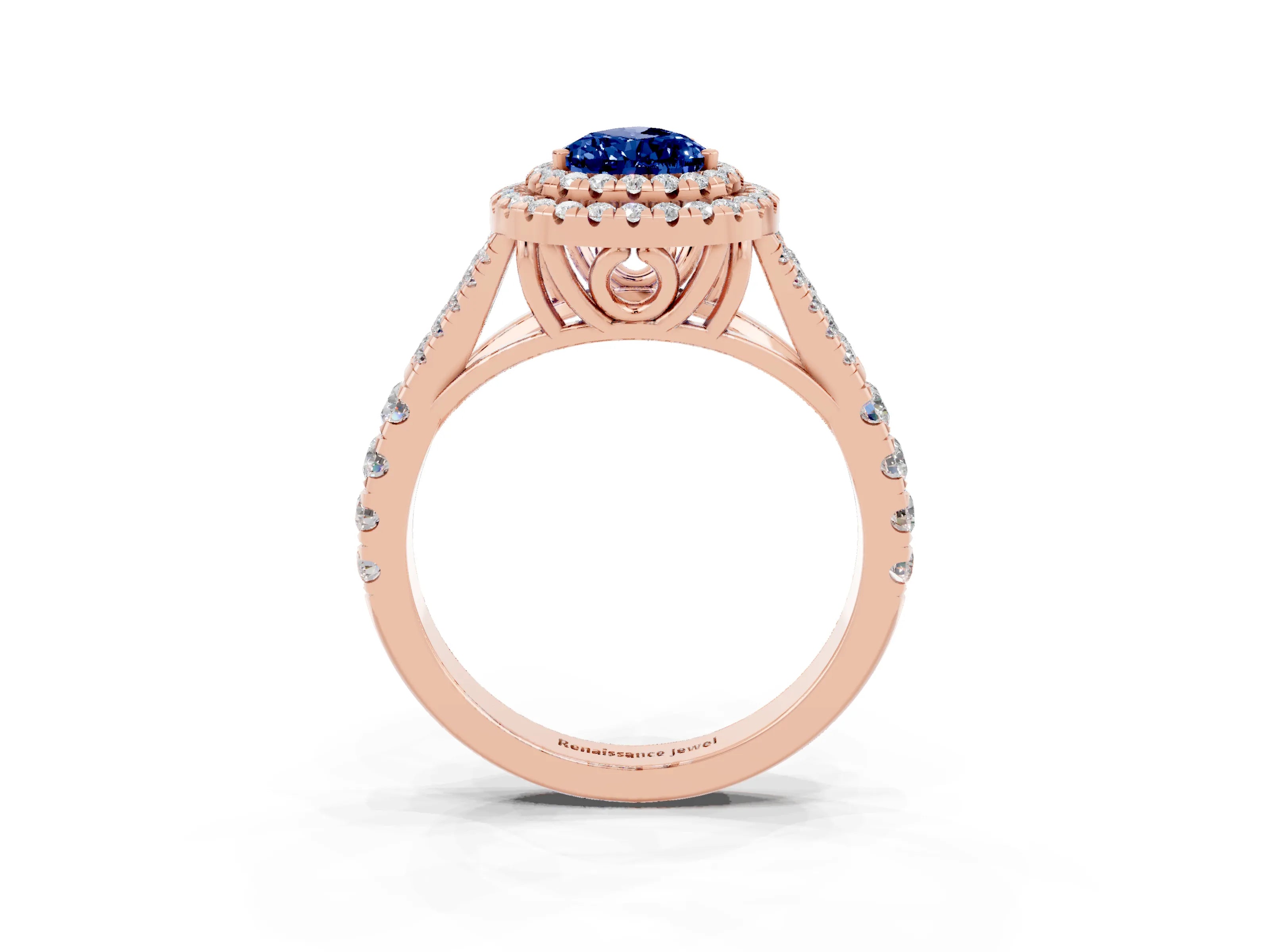 Rose gold Pear Cut Blue Sapphire Double Halo Ring with Split Shank and Prong Setting_15