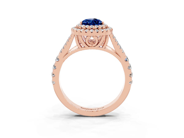 Rose gold Pear Cut Blue Sapphire Double Halo Ring with Split Shank and Prong Setting