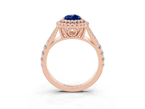 Rose gold Pear Cut Blue Sapphire Double Halo Ring with Split Shank and Prong Setting_15